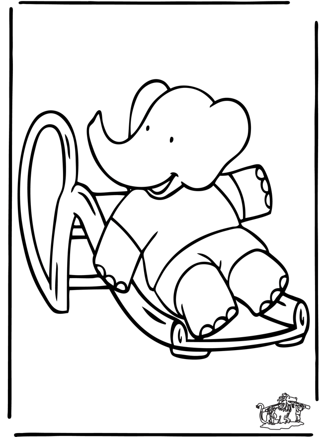 Babar op glijbaan - Kleurplaat Babar