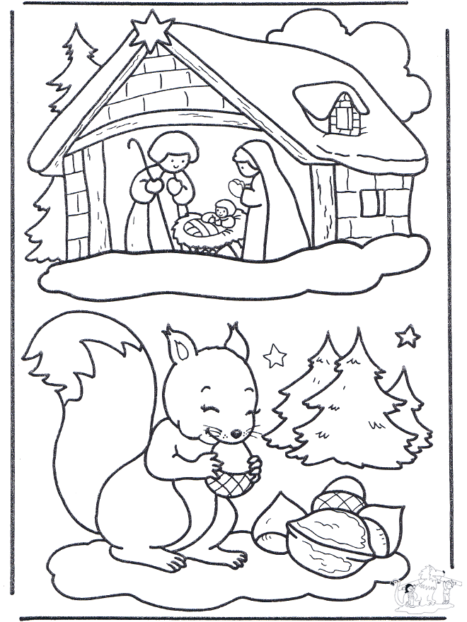 Eekhoorn en kerststal - Kleurplaten Kerst