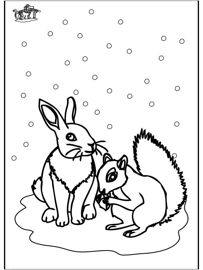 Eekhoorn en konijn - Kleurplaten winterdieren
