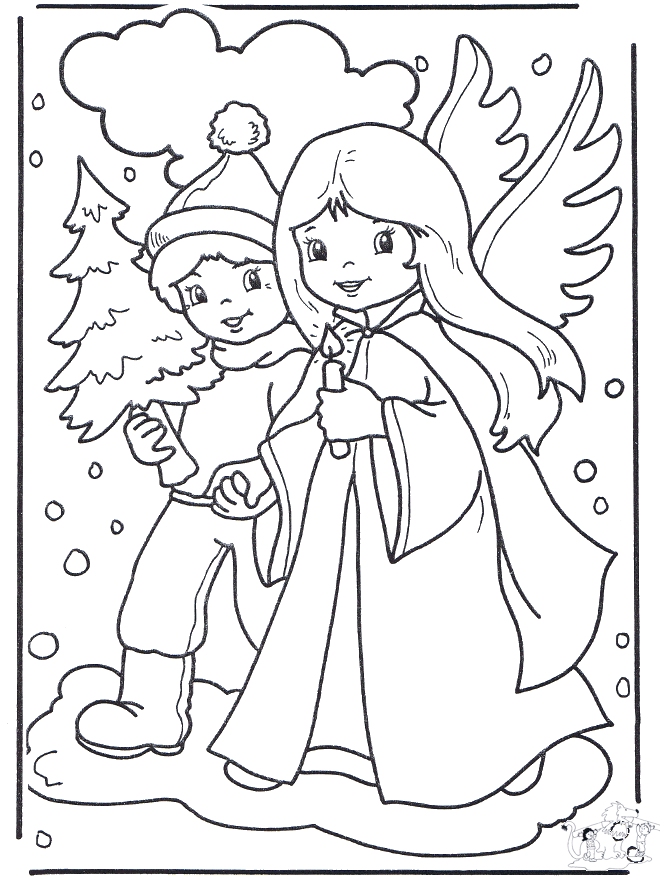 Engel en jongetje - Kleurplaten Kerst
