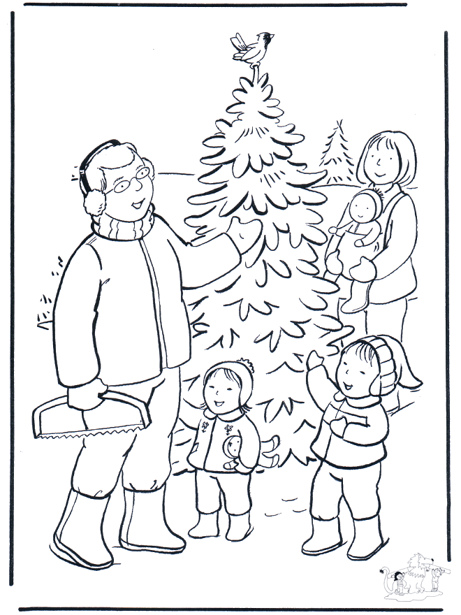 Familie in de sneeuw - Kleurplaten Kerst