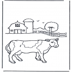 Kleurplaten Dieren - Koe bij boerderij