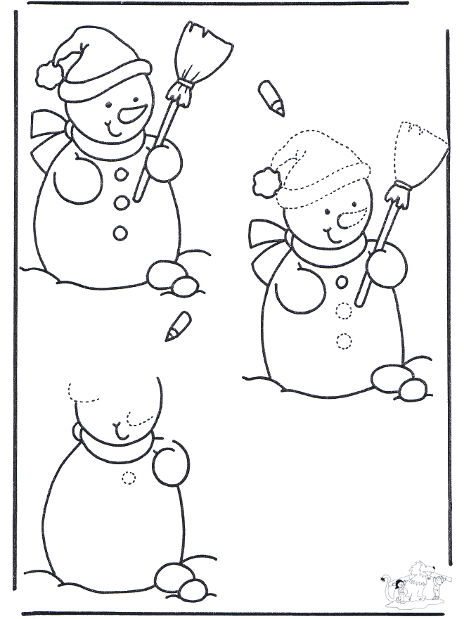 Sneeuwpop aftekenen - Kleurplaten sneeuw