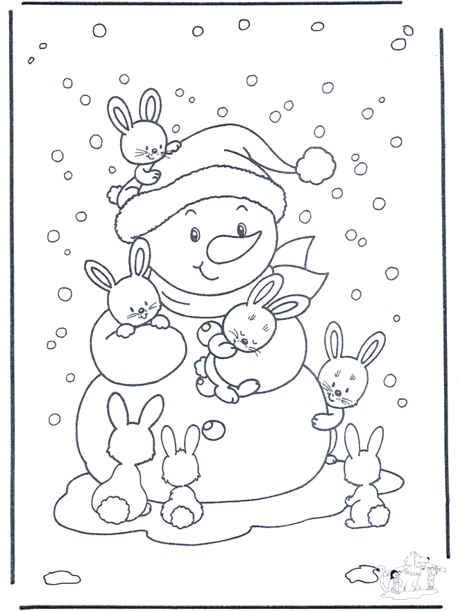 Sneeuwpop met konijntjes - Kleurplaten winterdieren